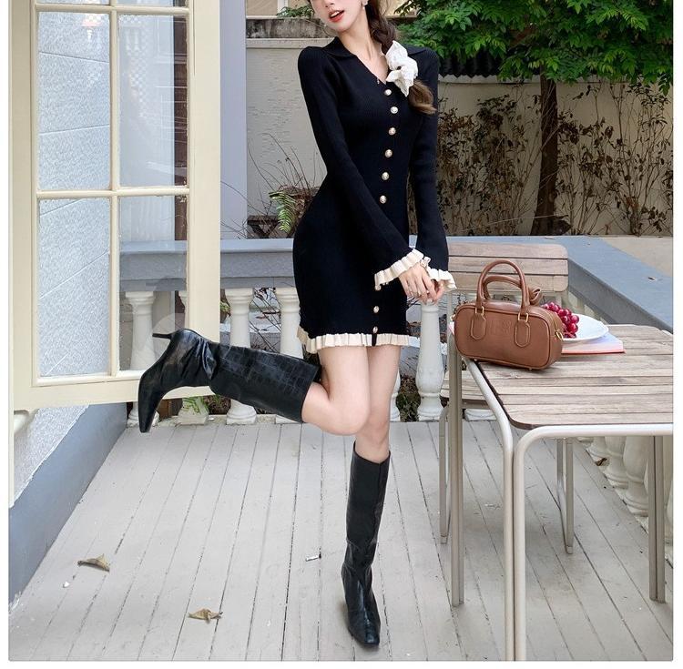 Womens Button-Front Knit Mini Dress Elegant V-neck Slim Long Sleeve Cardigan